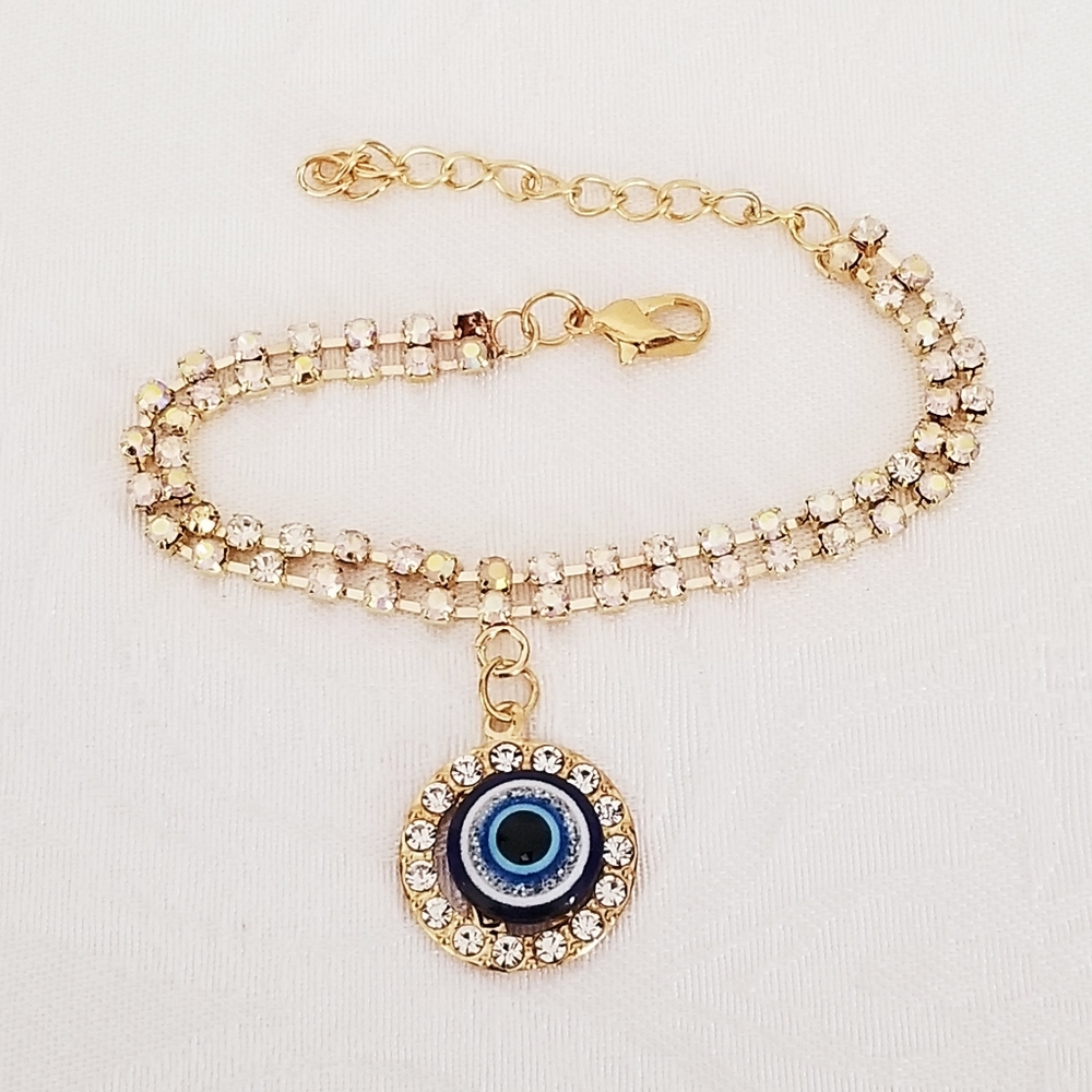 14K Gold Plated Evil Eye Rhinestones Women's Bracelet. Blue.. New